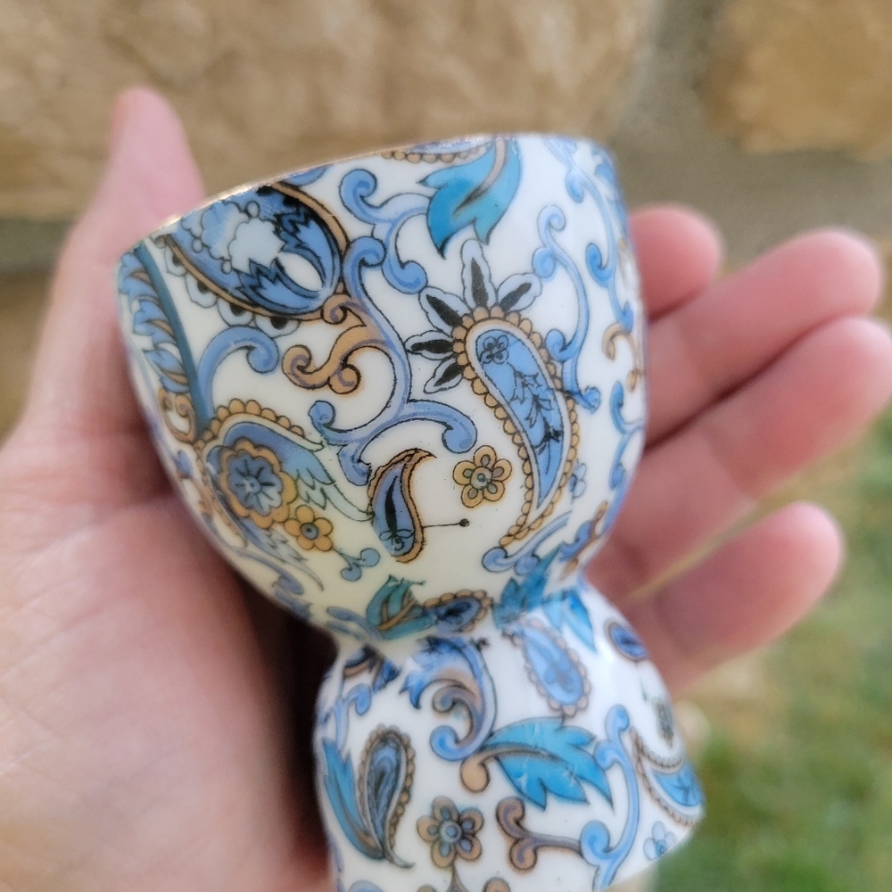Lefton Egg Cup & Crescent Bone Side Trinket Dish Blue Paisley Vintage ~ Pretty! - Picture 4 of 16